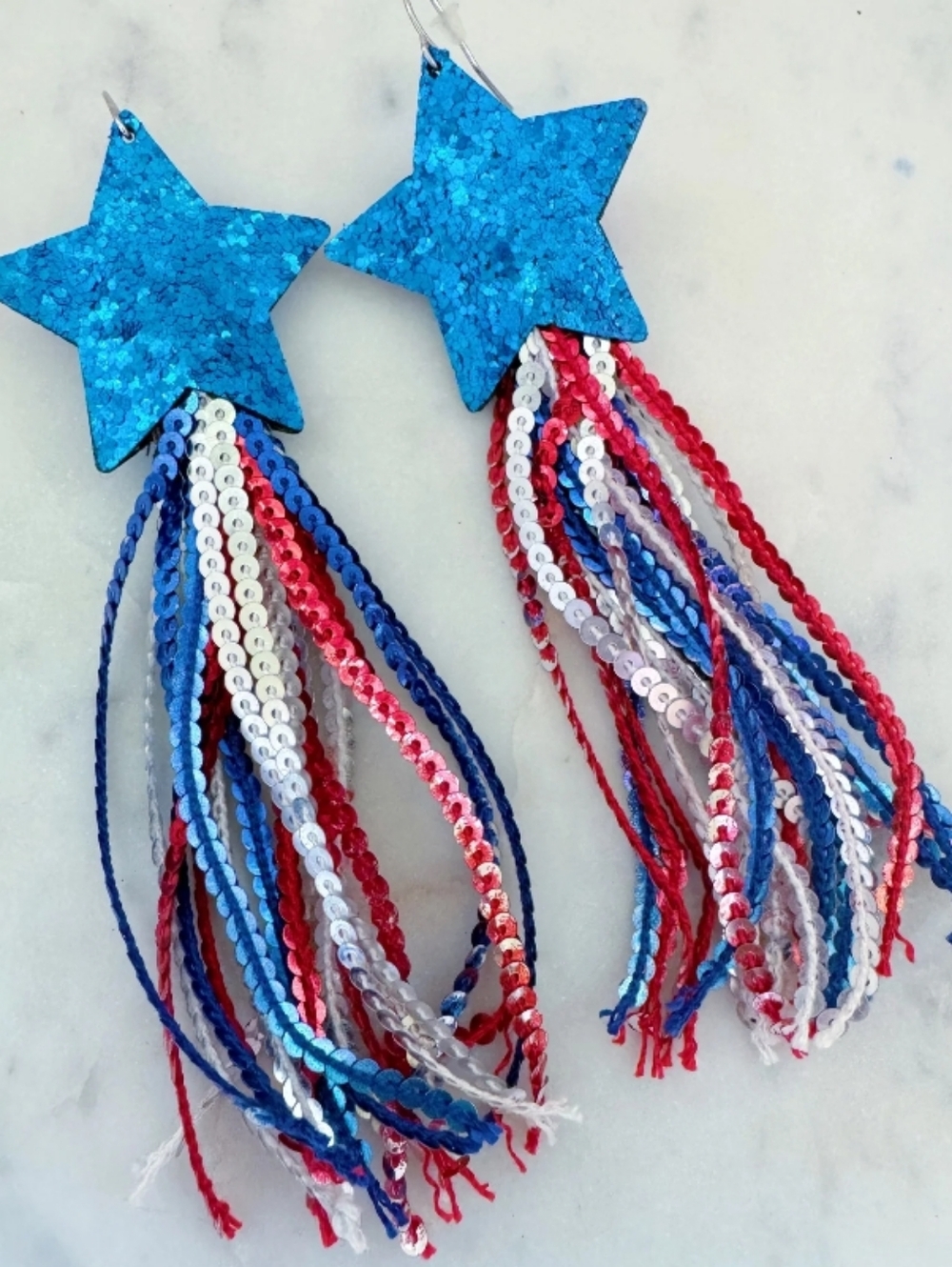 Patriotic Star Tassel Earrings - ❤️🤍💙
